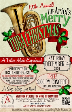 Ariel's Merry Tuba Christmas Poster; Tuba wrapped in a red scarf with "Tubachristmas" showing date and time of event