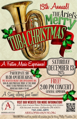 Poster for Tubachristmas December 13, 2025 showing a large tuba with a scarf emblazoned with "Tubachristmas"